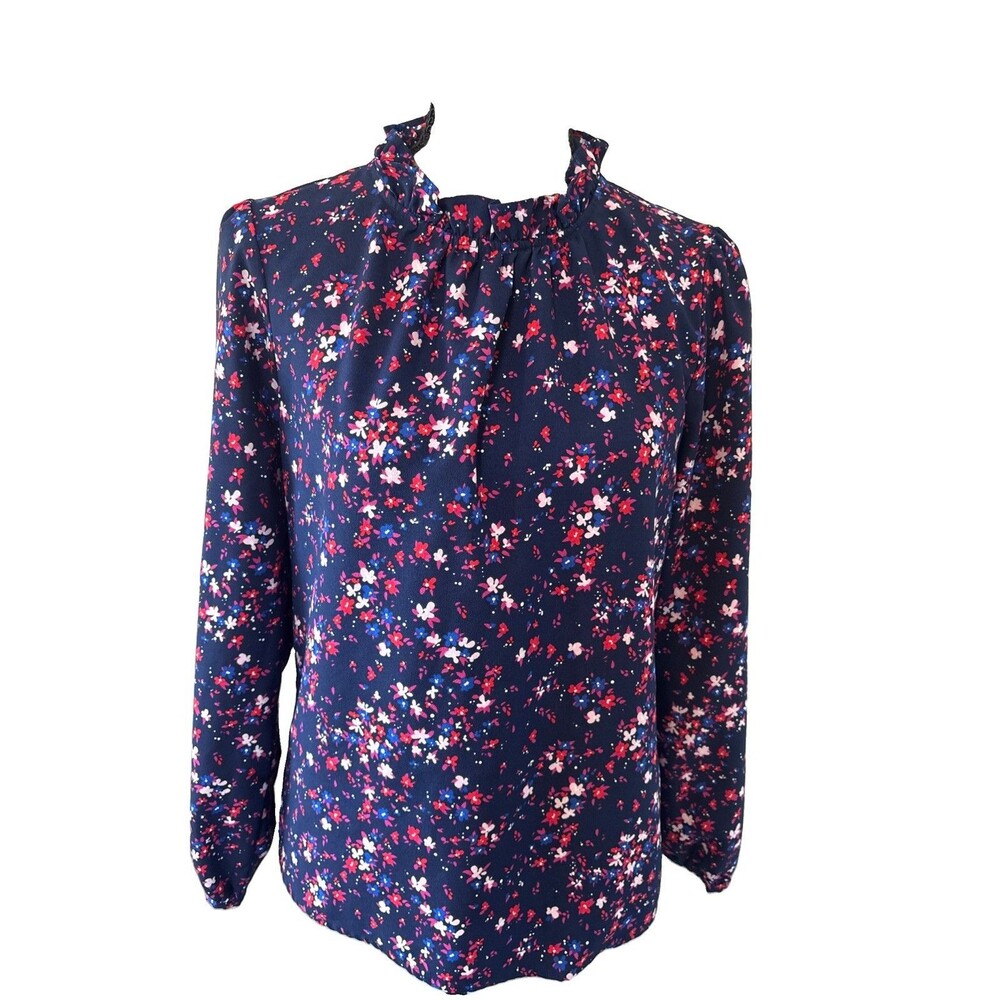 J Crew WM XS  Blue Floral Blouse High Ruffle Neck Long Sleeve Cottagecore